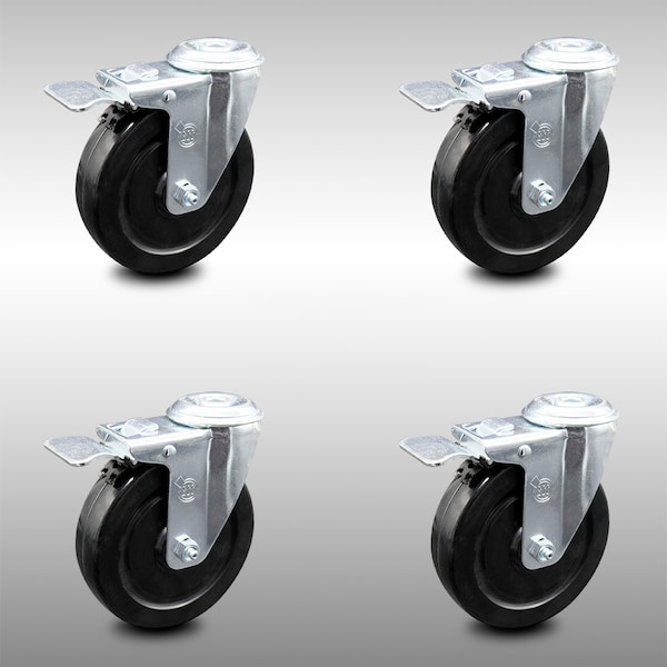 5 Inch SS Hard Rubber Wheel Swivel Bolt Hole Caster Set with Total Lock Brake